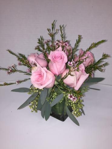 Pink Roses in cube vase